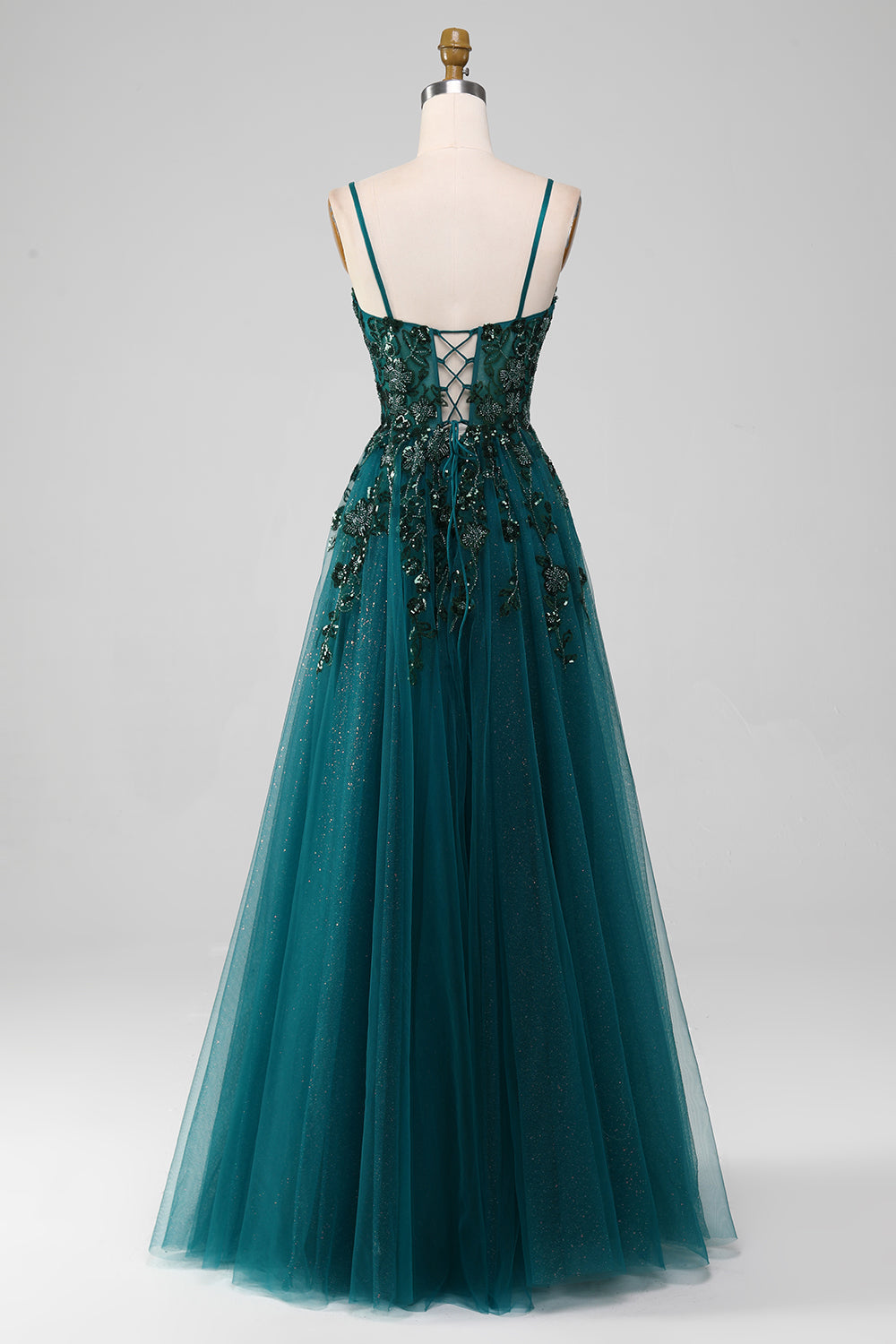 Robe de bal ligne A vert foncé à fines bretelles avec fente