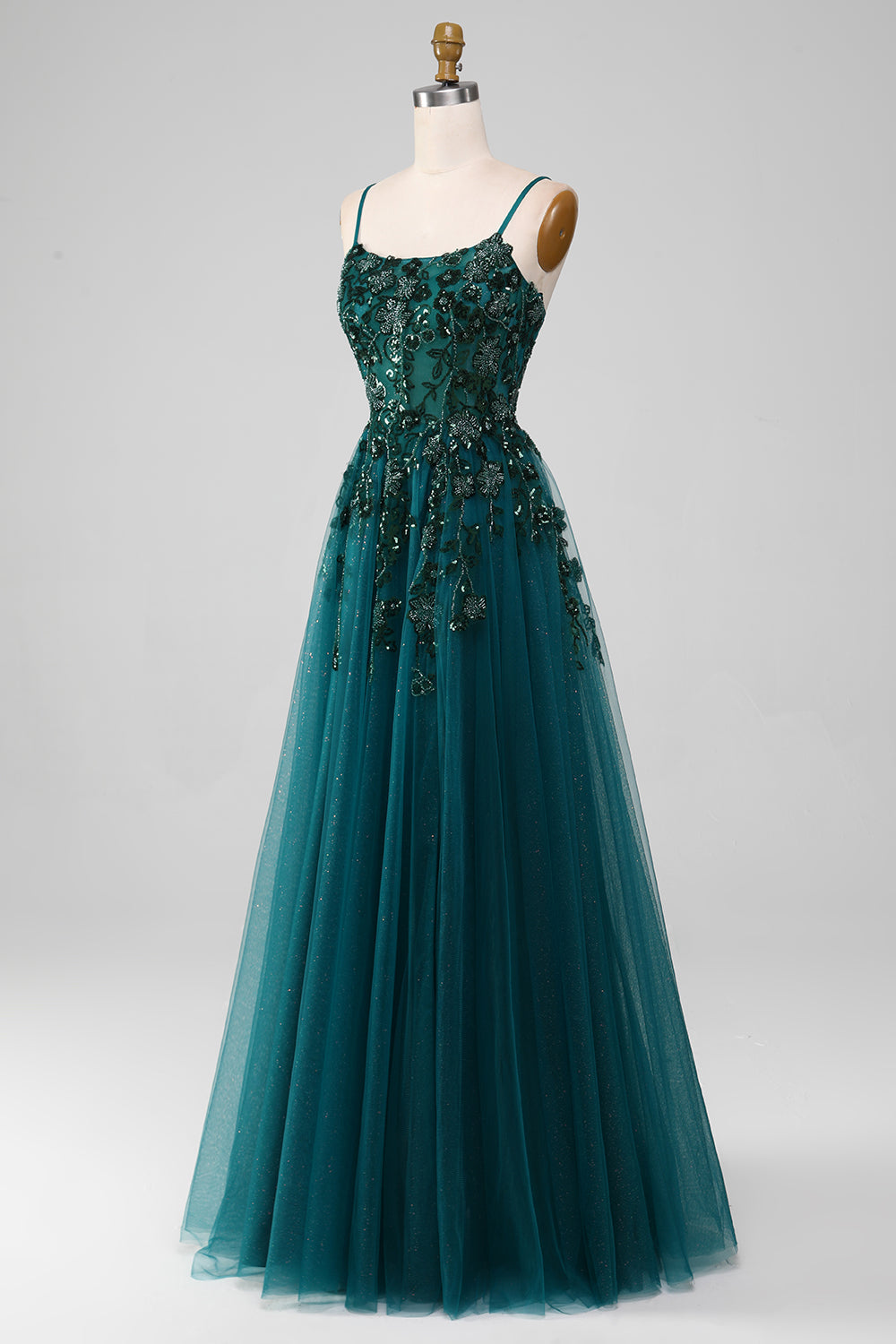 Robe de bal ligne A vert foncé à fines bretelles avec fente