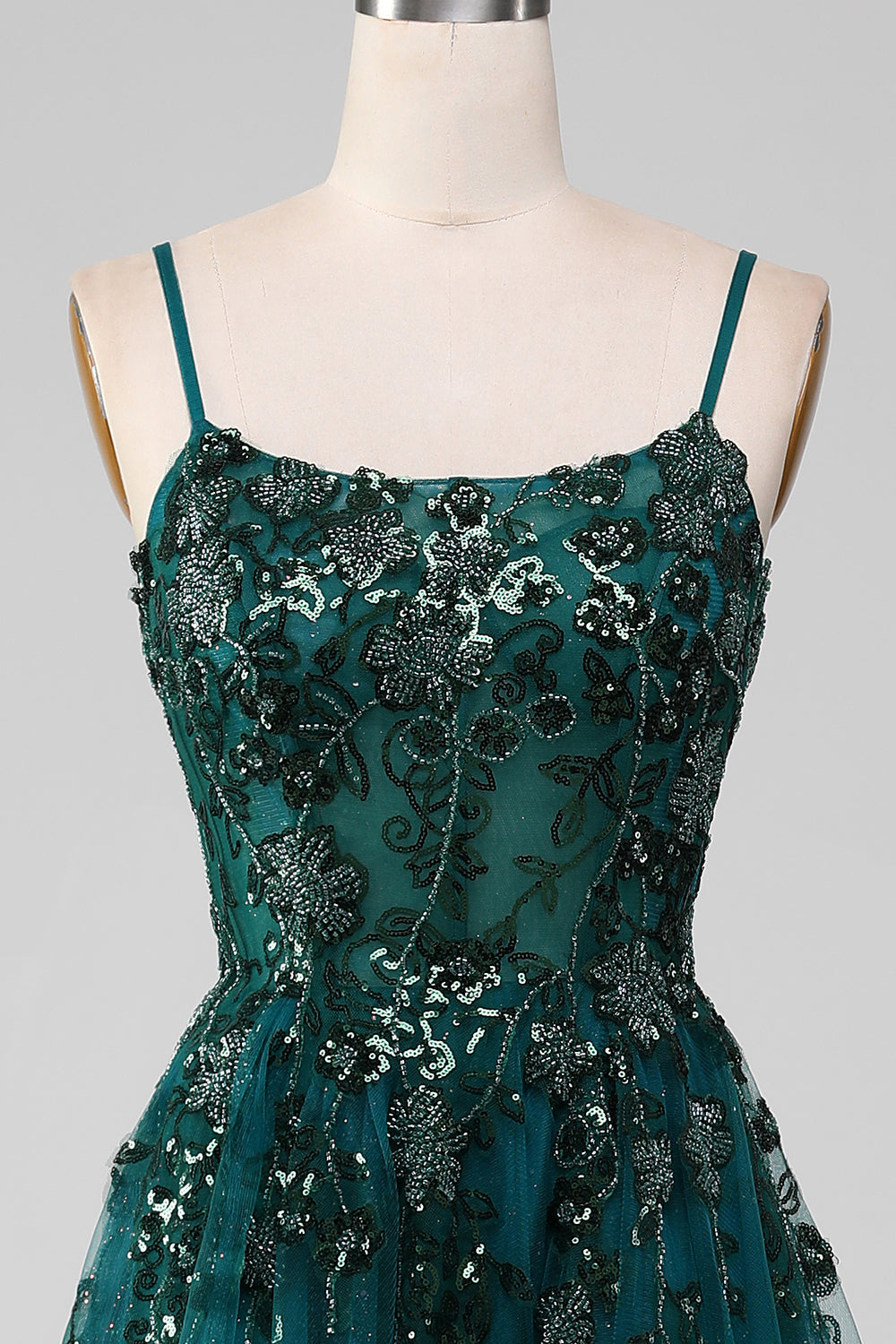 Robe de bal ligne A vert foncé à fines bretelles avec fente