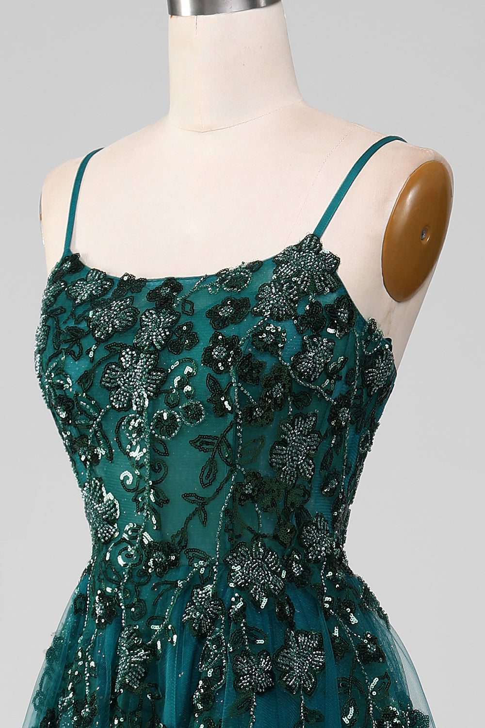 Robe de bal ligne A vert foncé à fines bretelles avec fente