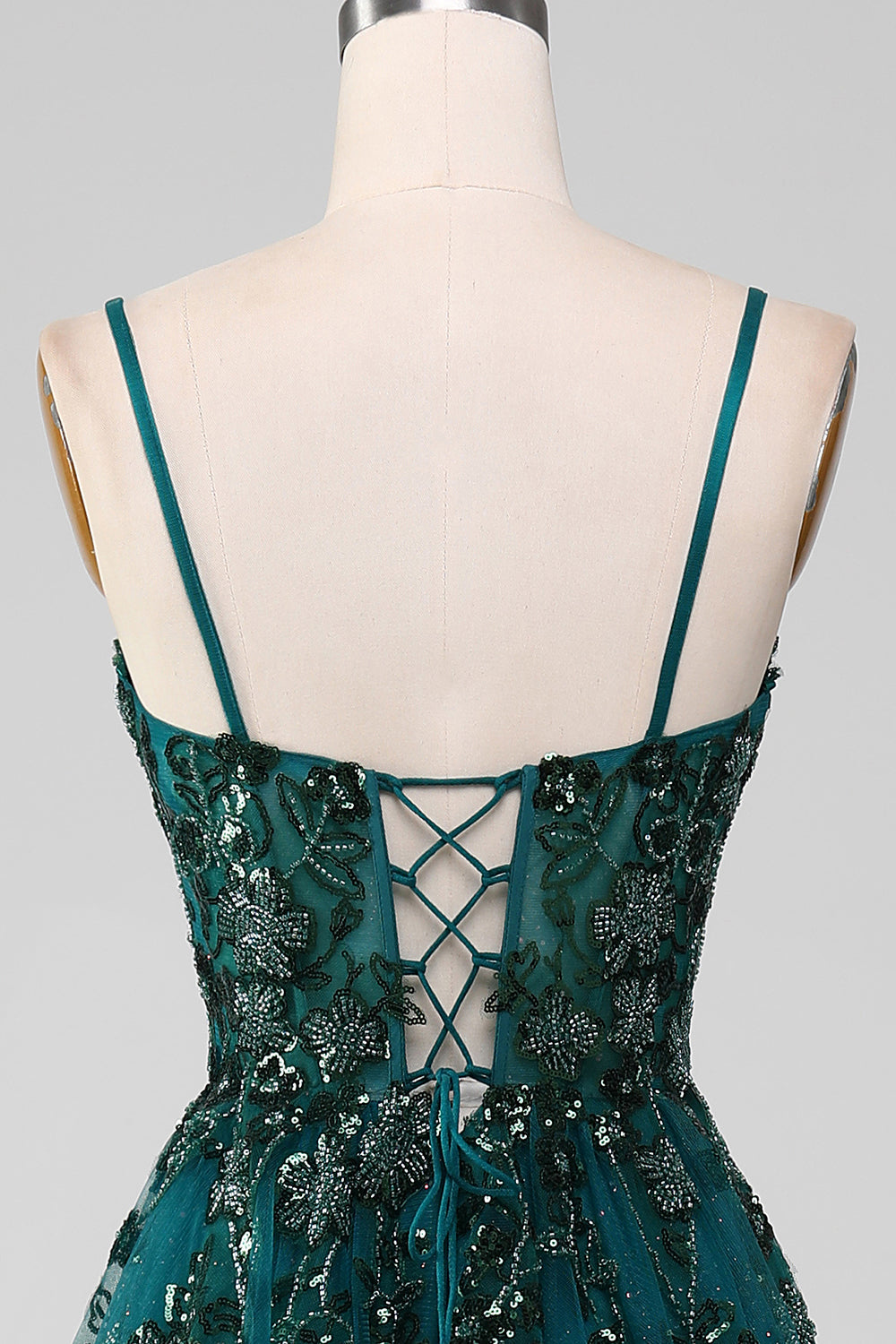 Robe de bal ligne A vert foncé à fines bretelles avec fente