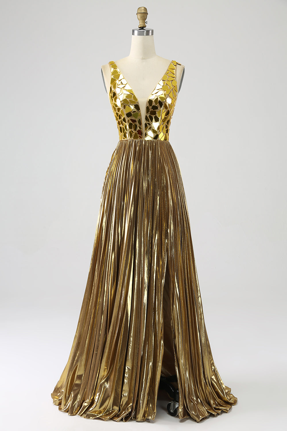 Robe de bal longue dorée scintillante ligne A à col V profond avec fente sur le devant