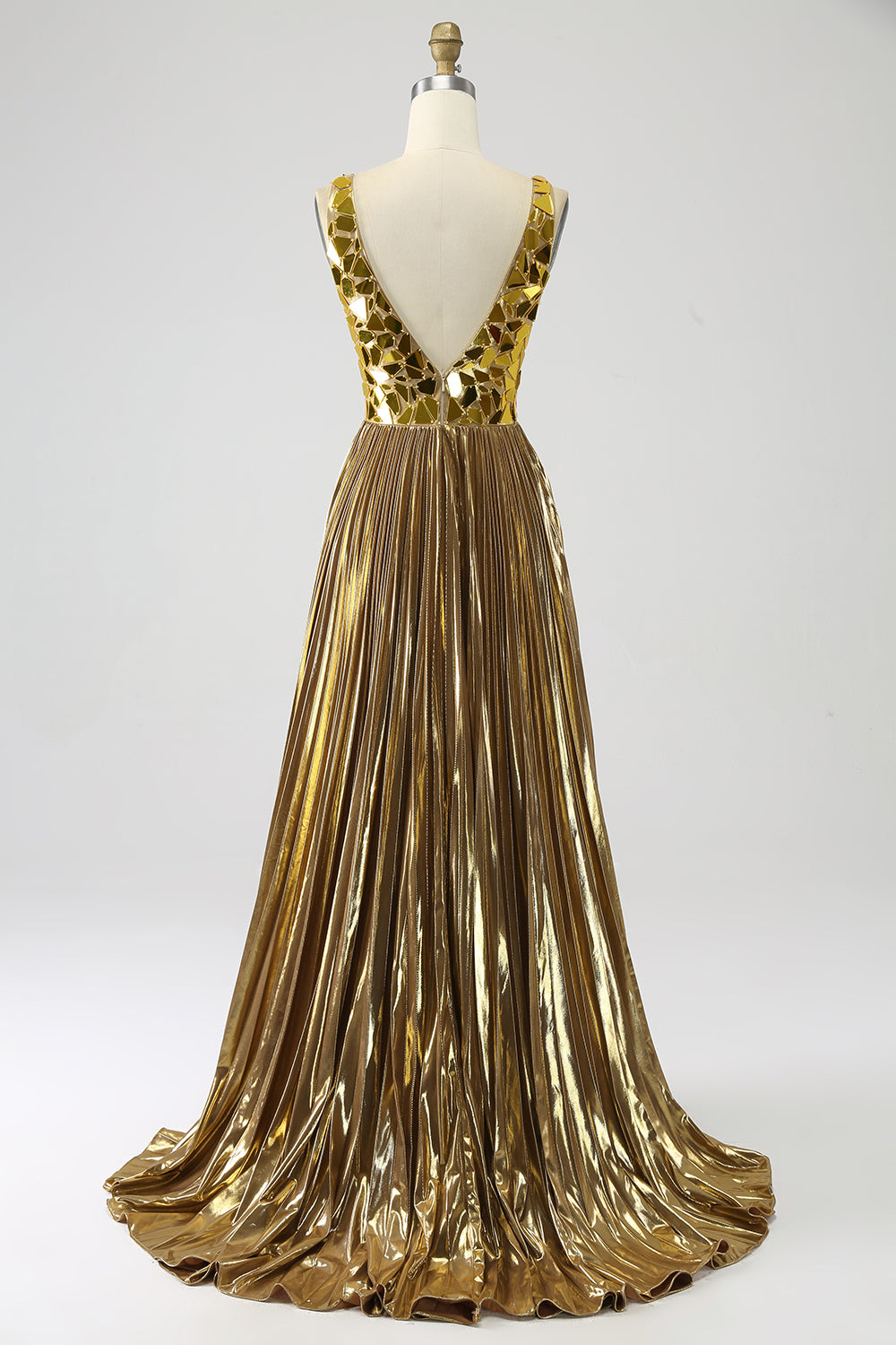 Robe de bal longue dorée scintillante ligne A à col V profond avec fente sur le devant