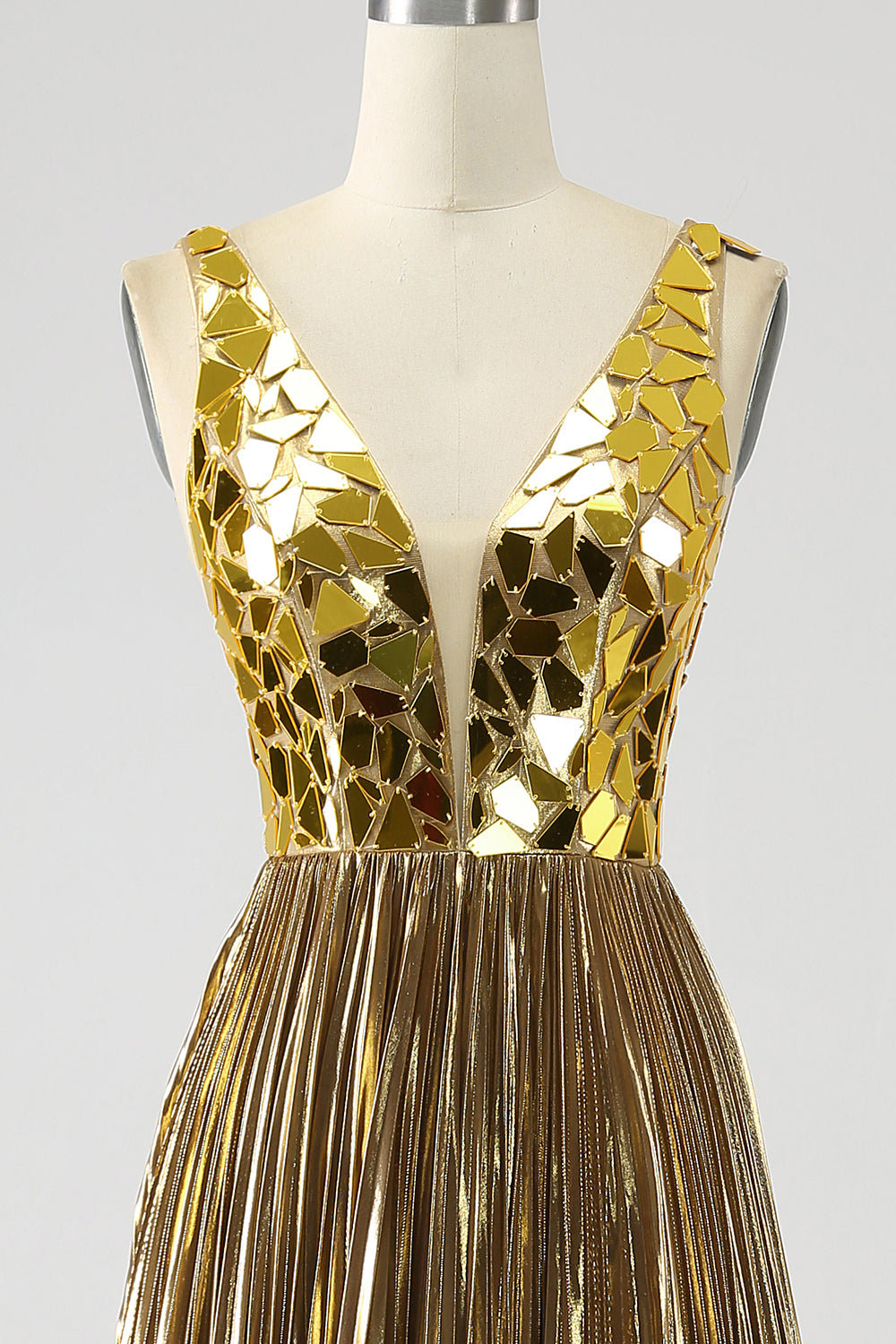 Robe de bal longue dorée scintillante ligne A à col V profond avec fente sur le devant