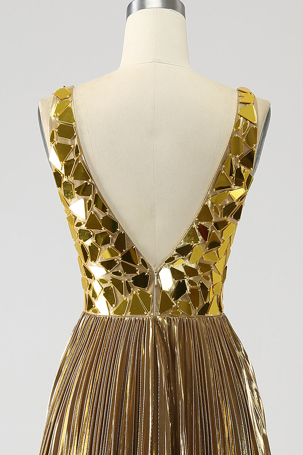 Robe de bal longue dorée scintillante ligne A à col V profond avec fente sur le devant
