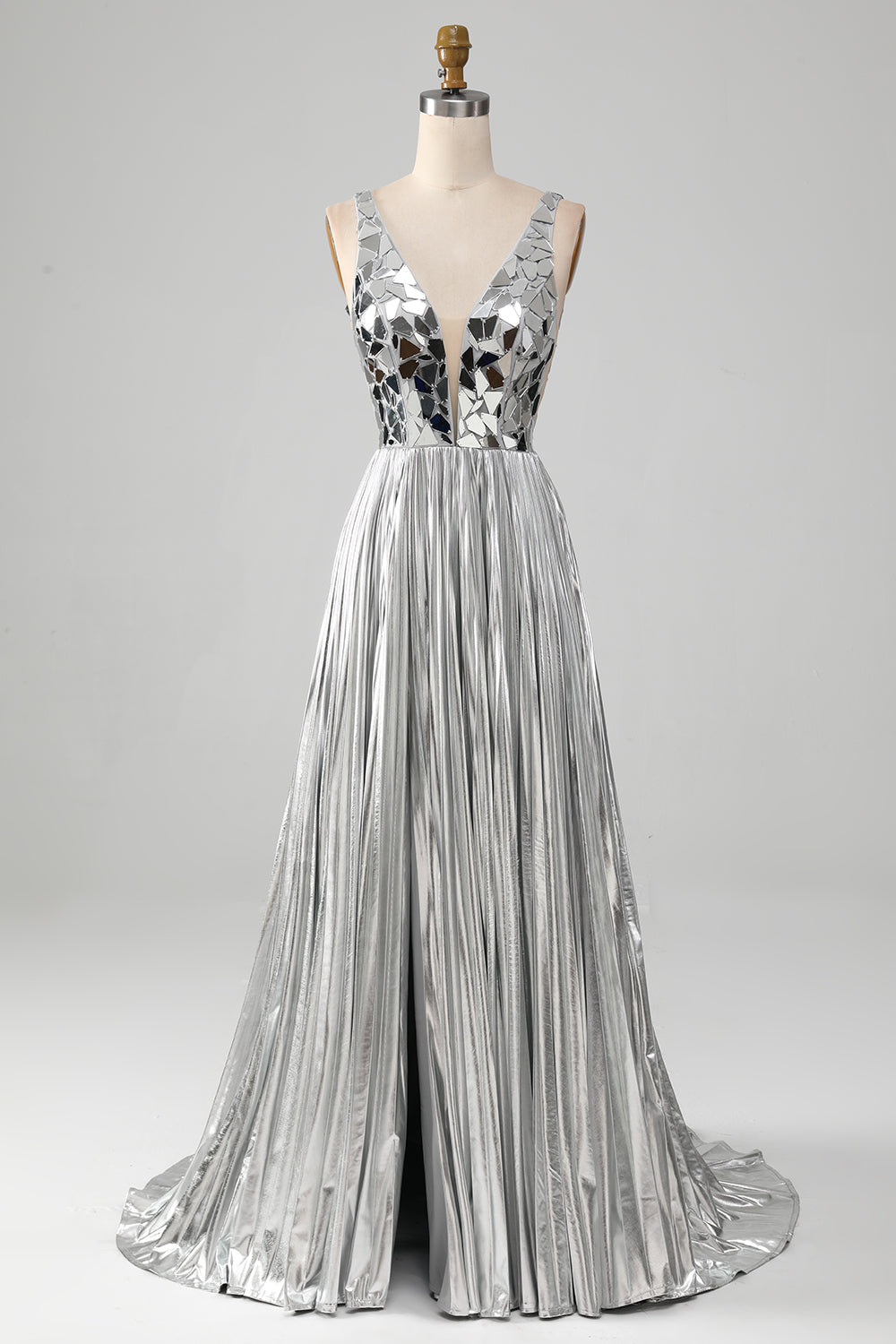 Robe de bal longue dorée scintillante ligne A à col V profond avec fente sur le devant