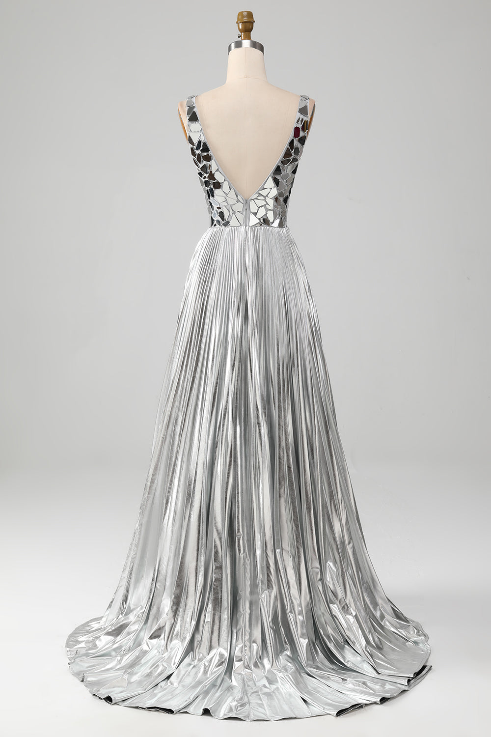 Robe de bal longue dorée scintillante ligne A à col V profond avec fente sur le devant