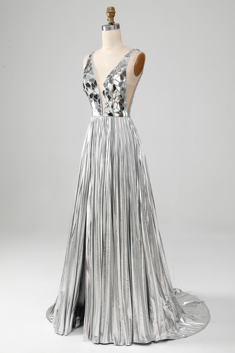 Robe de bal argentée scintillante coupe trapèze avec col en V et fente