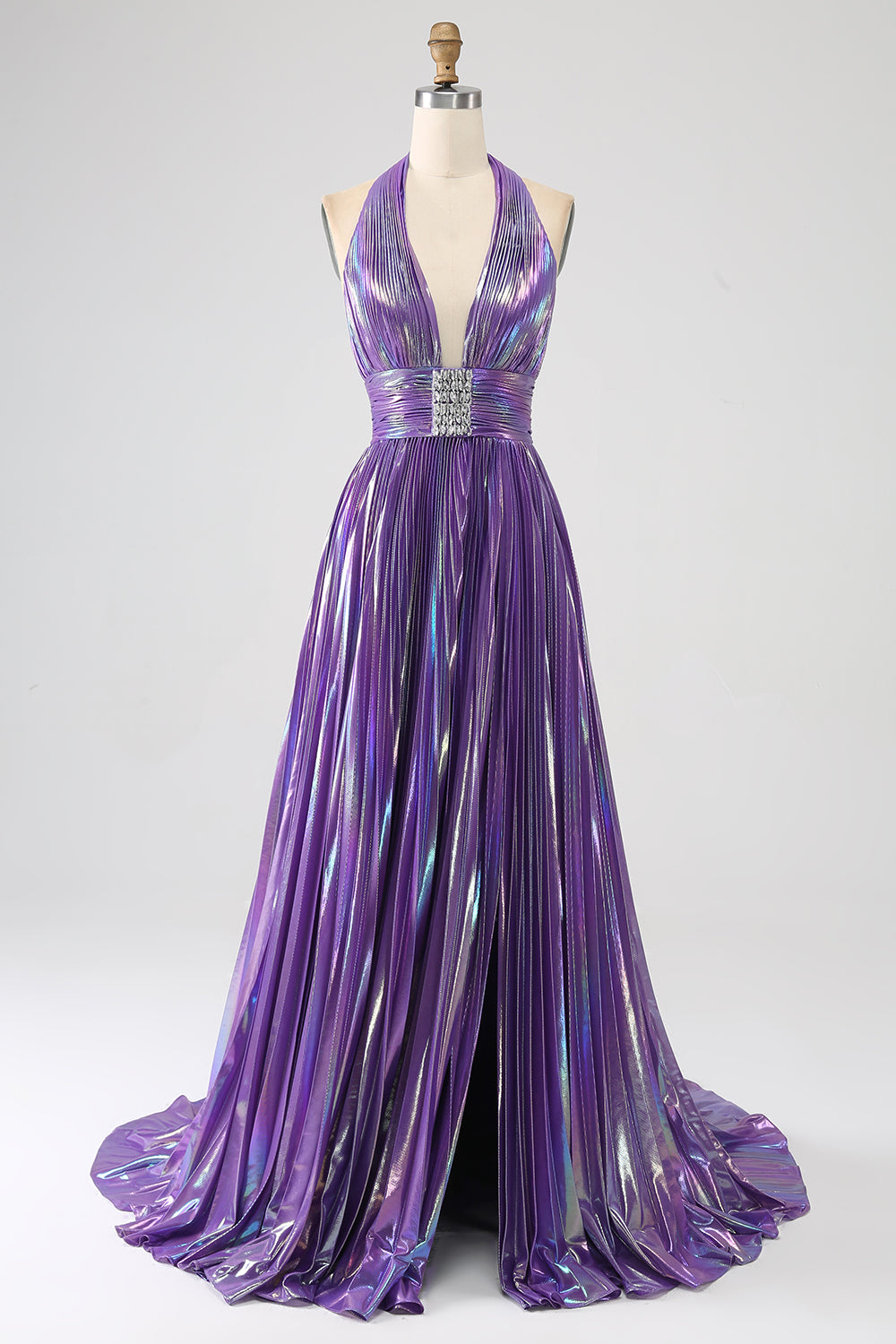 Robe de bal longue plissée métallisée violette pailletée avec fente