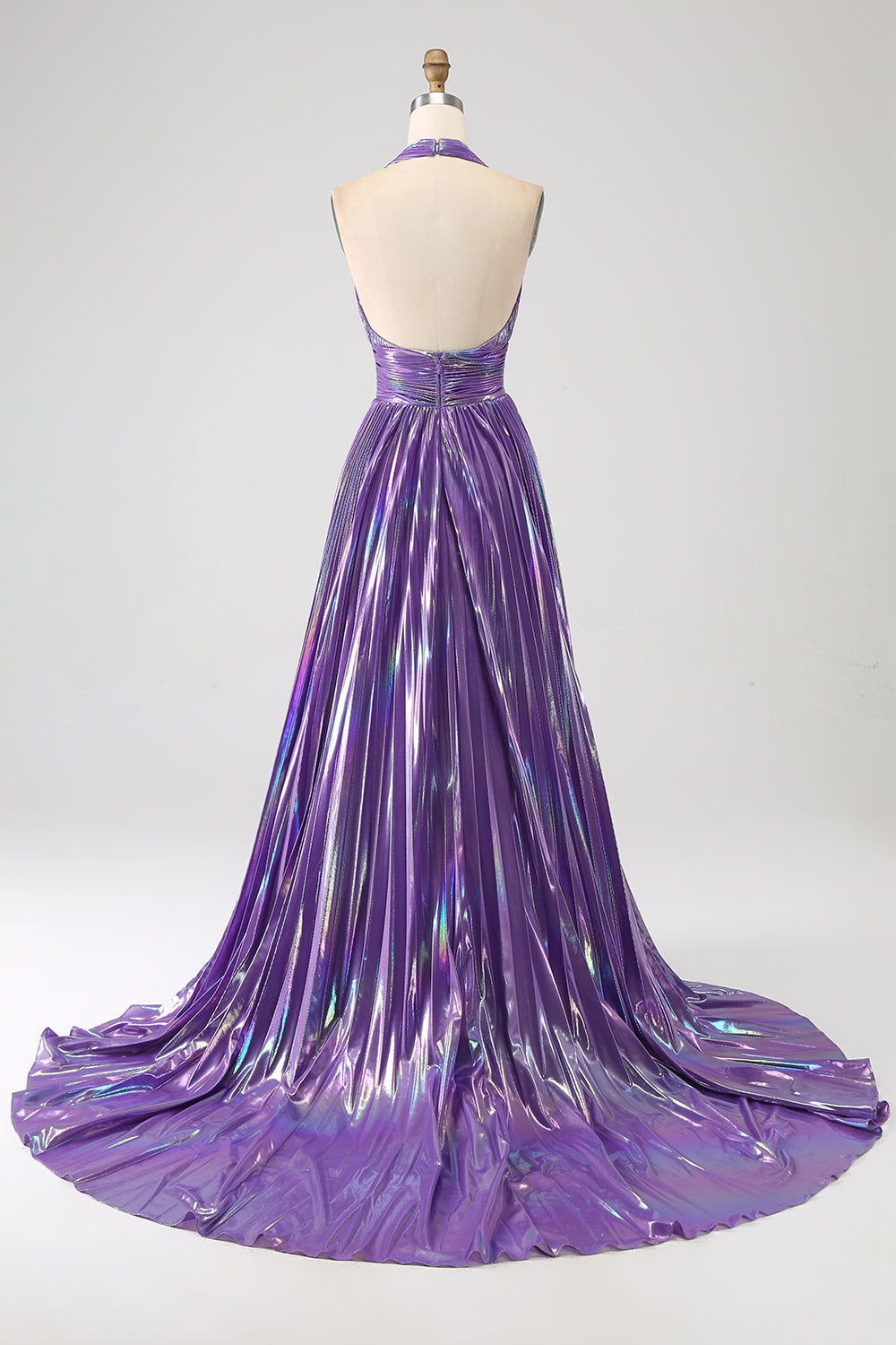 Robe de bal longue plissée métallisée violette pailletée avec fente