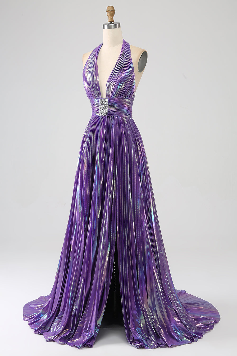 Robe de bal longue plissée métallisée violette pailletée avec fente