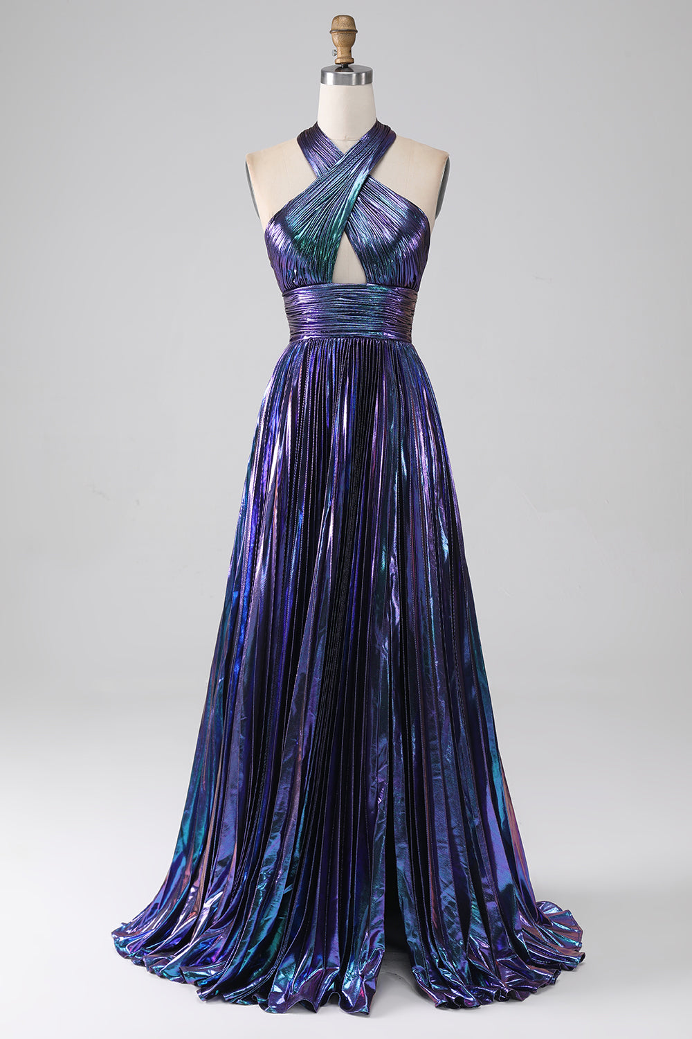 Superbe robe de bal longue violette trapèze à col licou et fente devant en trou de serrure
