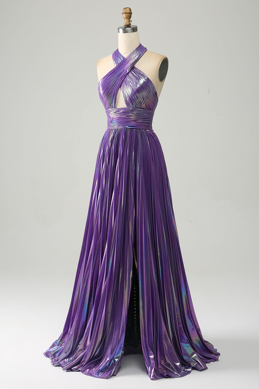 Vestido de Fiesta Morado Brillante con Cuello Halter y Plisado Línea A