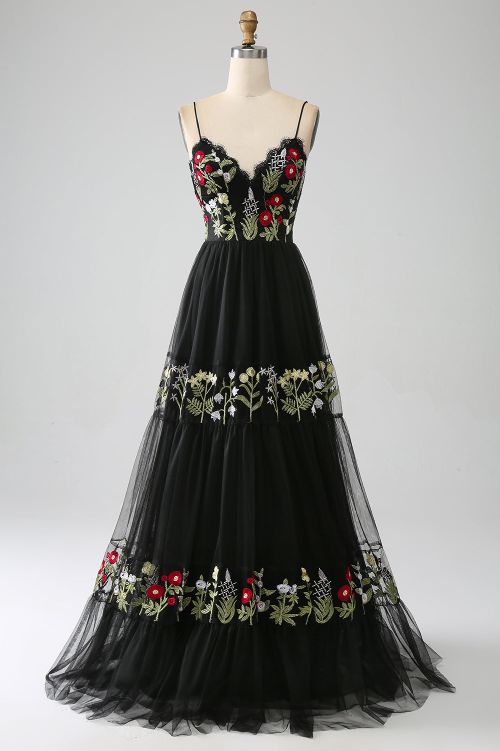 Robe de bal longue en dentelle brodée avec corset noir à bretelles spaghetti et ligne A
