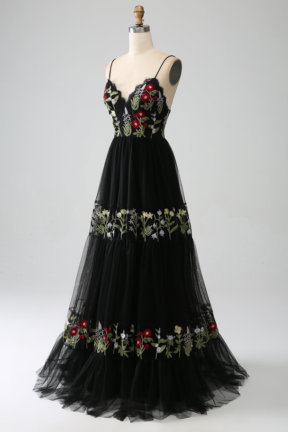 Robe de bal longue en dentelle brodée avec corset noir à bretelles spaghetti et ligne A
