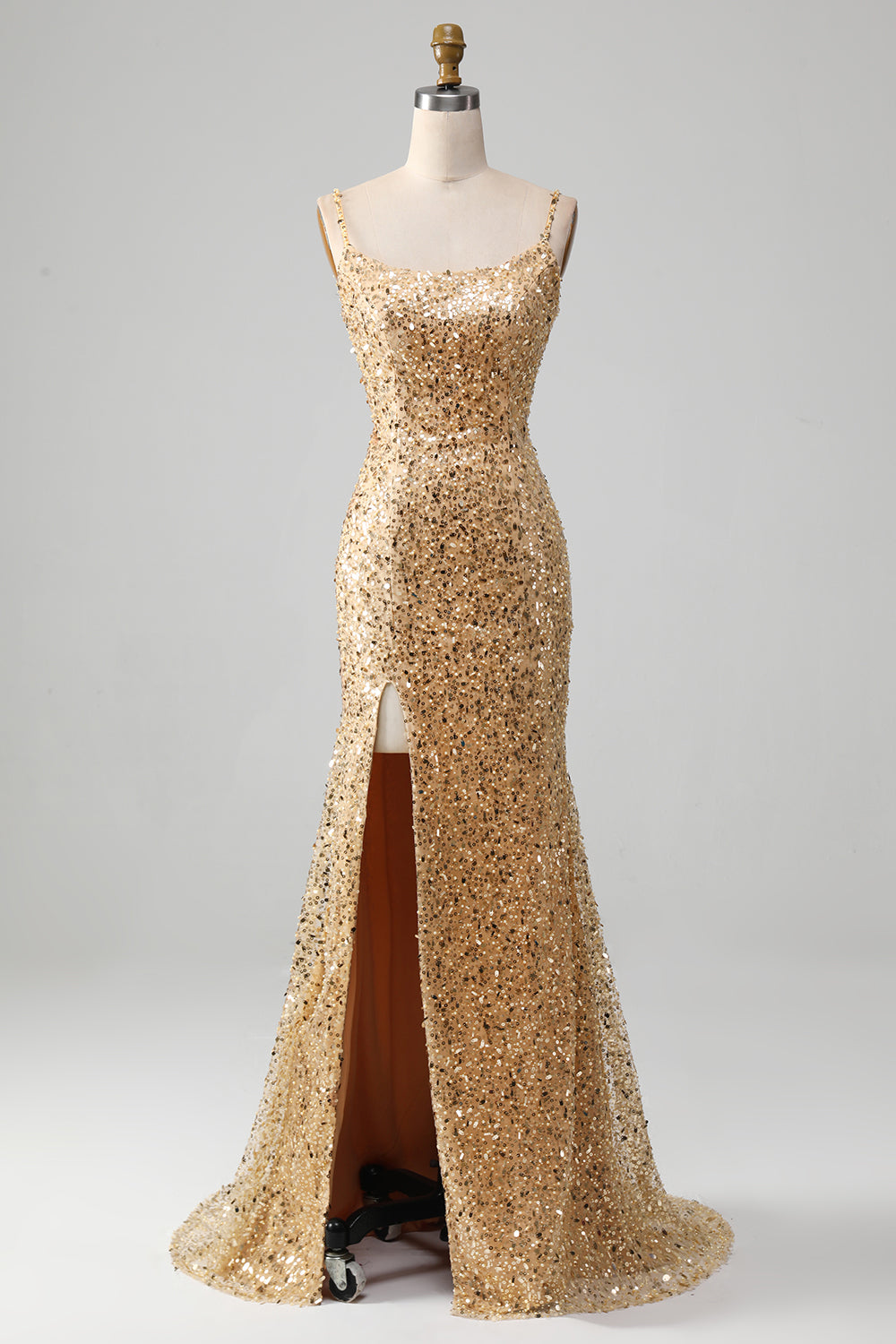Robe de bal sirène dorée à fines bretelles et paillettes avec fente