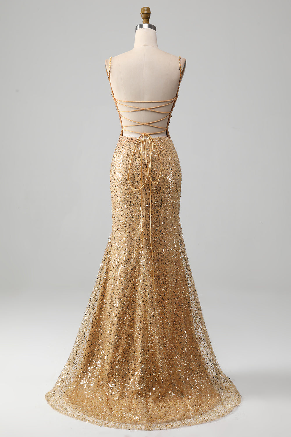 Robe de bal sirène dorée à fines bretelles et paillettes avec fente