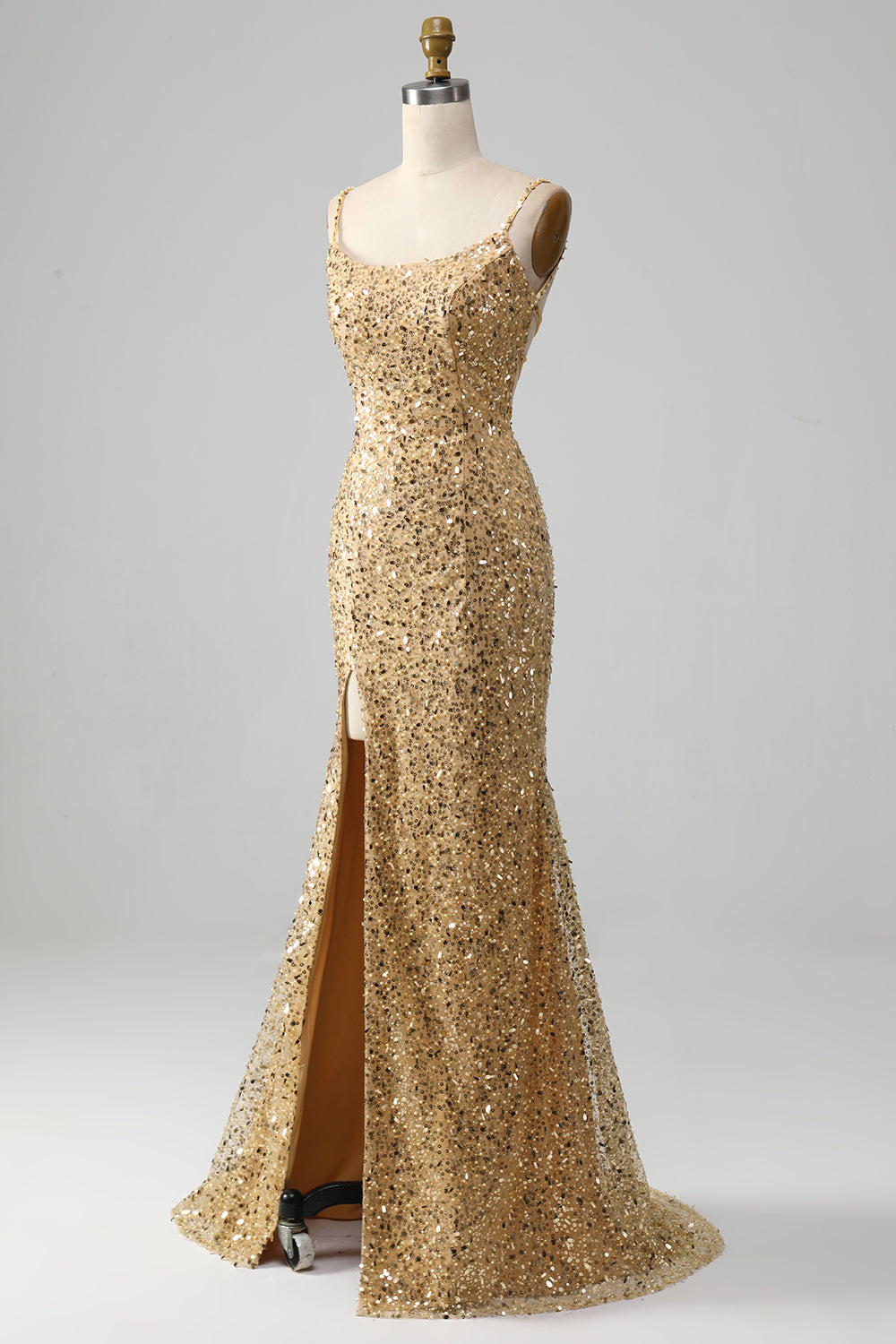Robe de bal sirène dorée à fines bretelles et paillettes avec fente