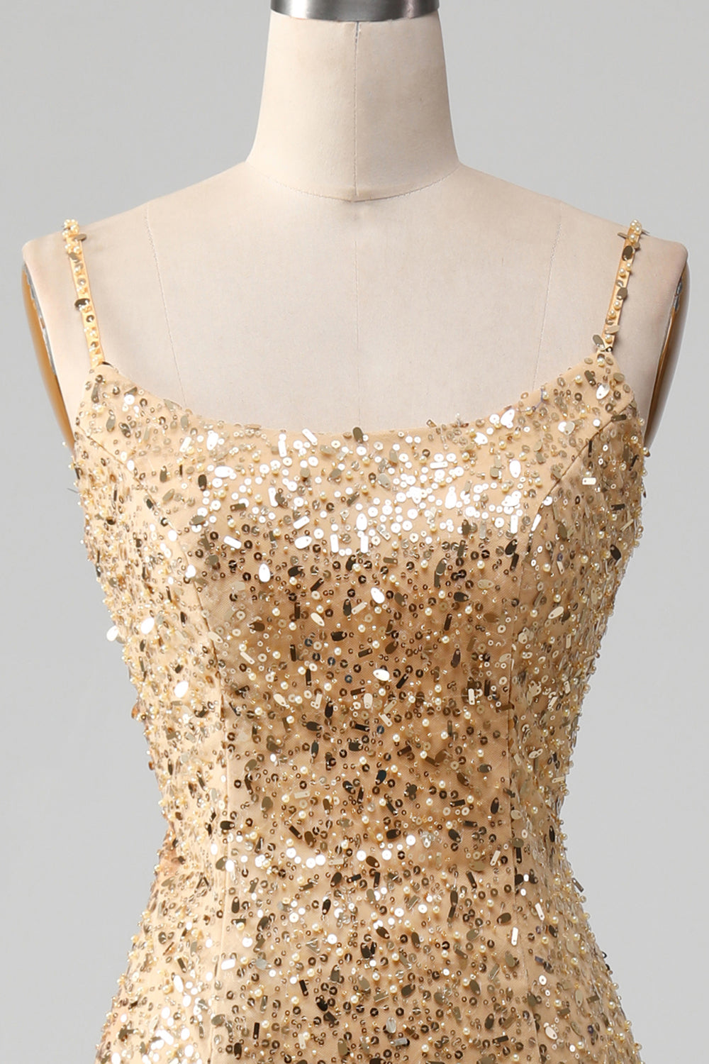 Robe de bal sirène dorée à fines bretelles et paillettes avec fente