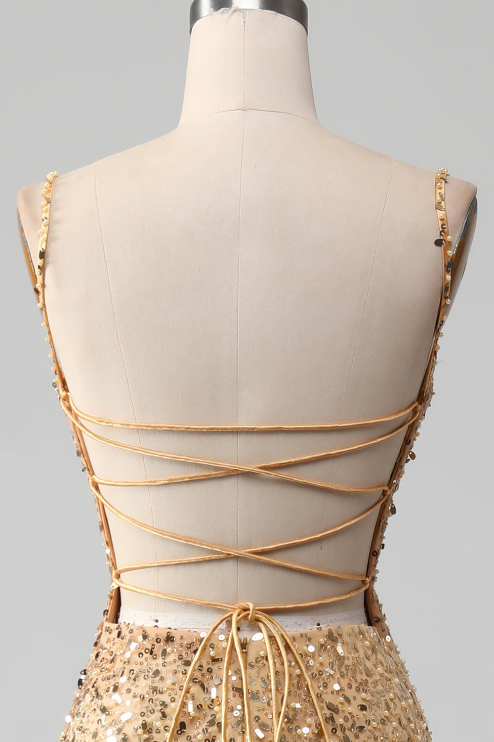 Robe de bal sirène dorée à fines bretelles et paillettes avec fente