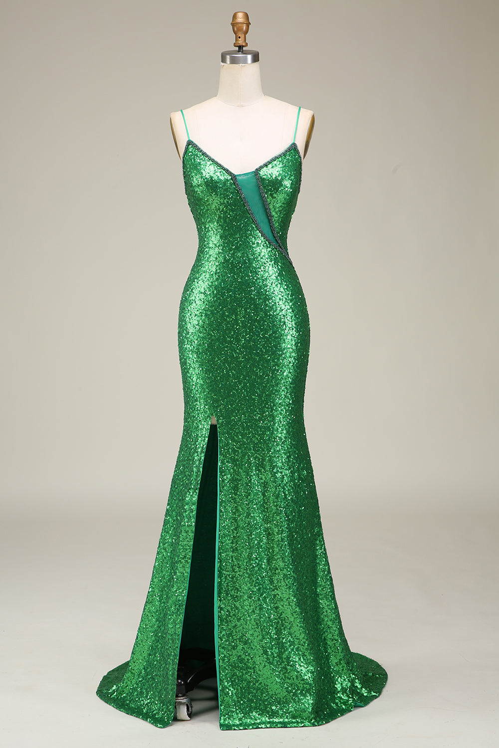 Robe longue de bal à bretelles spaghetti fendue devant vert paillettes sirène scintillante