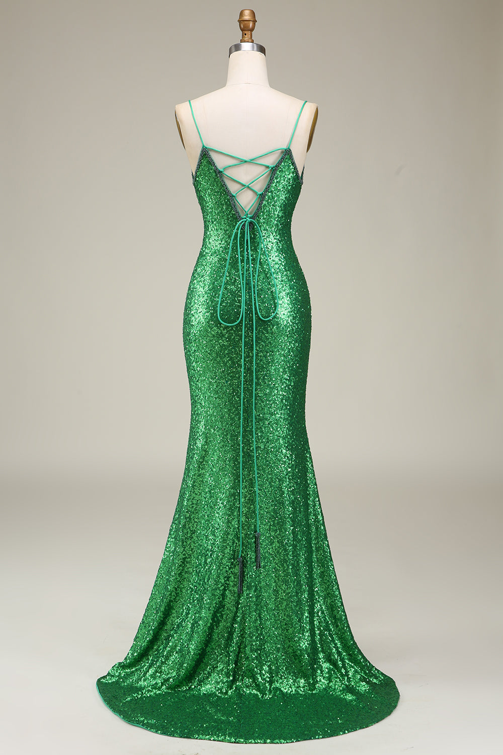 Robe longue de bal à bretelles spaghetti fendue devant vert paillettes sirène scintillante