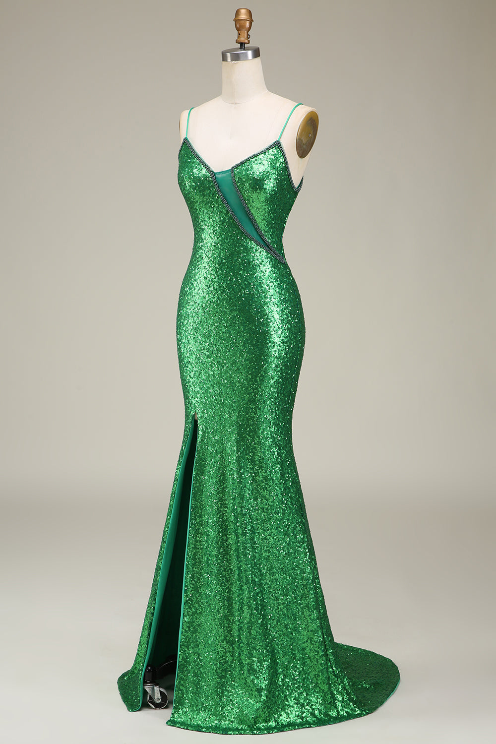 Robe longue de bal à bretelles spaghetti fendue devant vert paillettes sirène scintillante