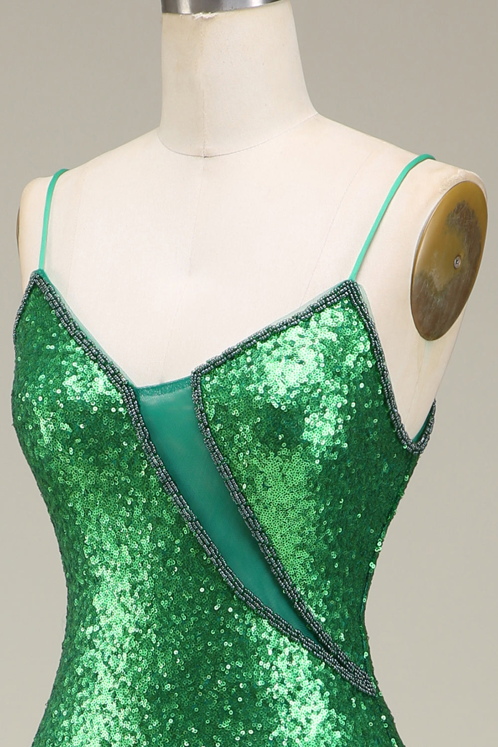 Robe longue de bal à bretelles spaghetti fendue devant vert paillettes sirène scintillante