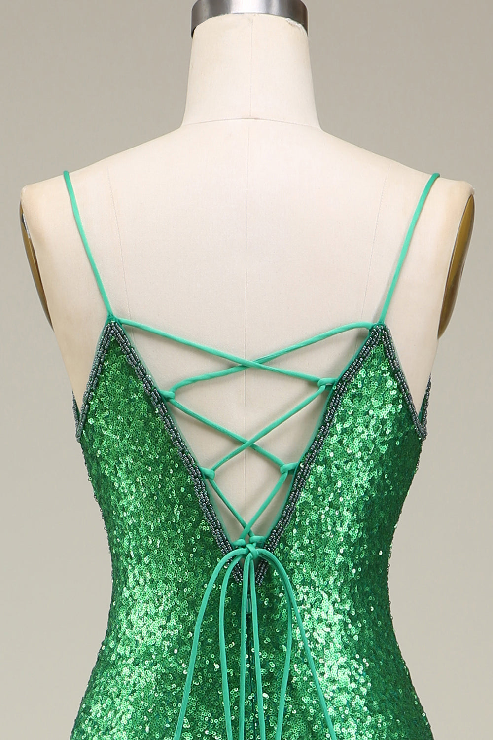 Robe longue de bal à bretelles spaghetti fendue devant vert paillettes sirène scintillante
