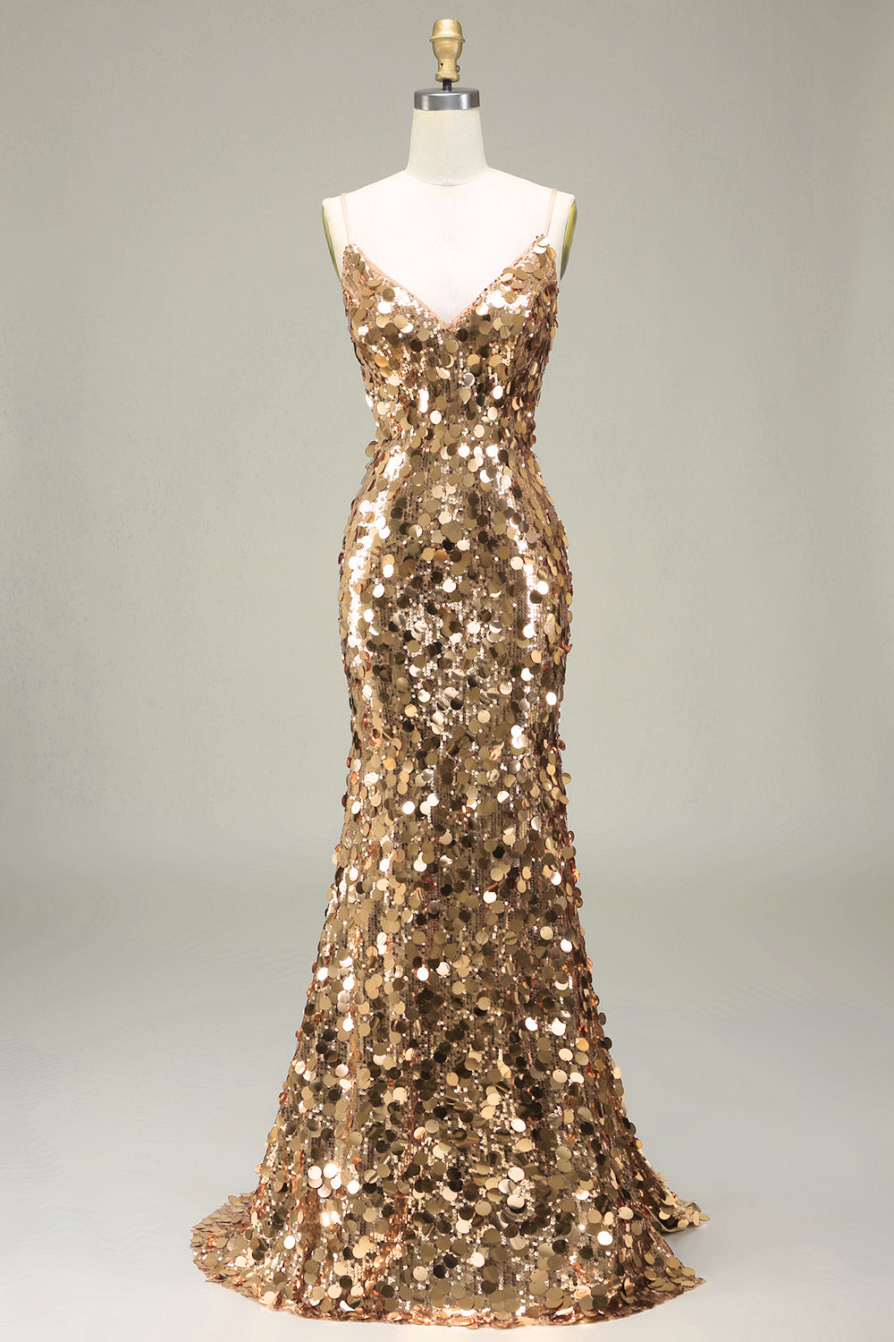 Robe de bal sirène en paillettes dorées scintillantes avec fente