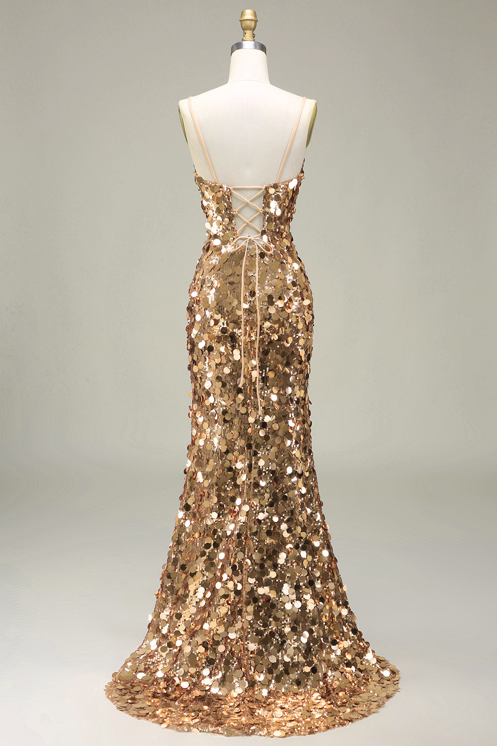Robe de bal sirène en paillettes dorées scintillantes avec fente