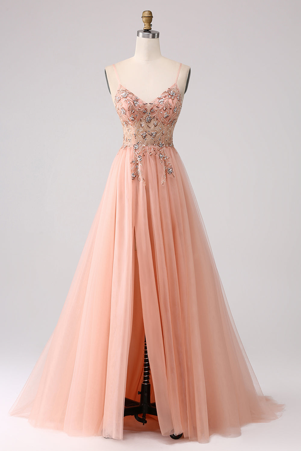 Robe de bal longue scintillante trapèze à paillettes, bretelles spaghetti et fente