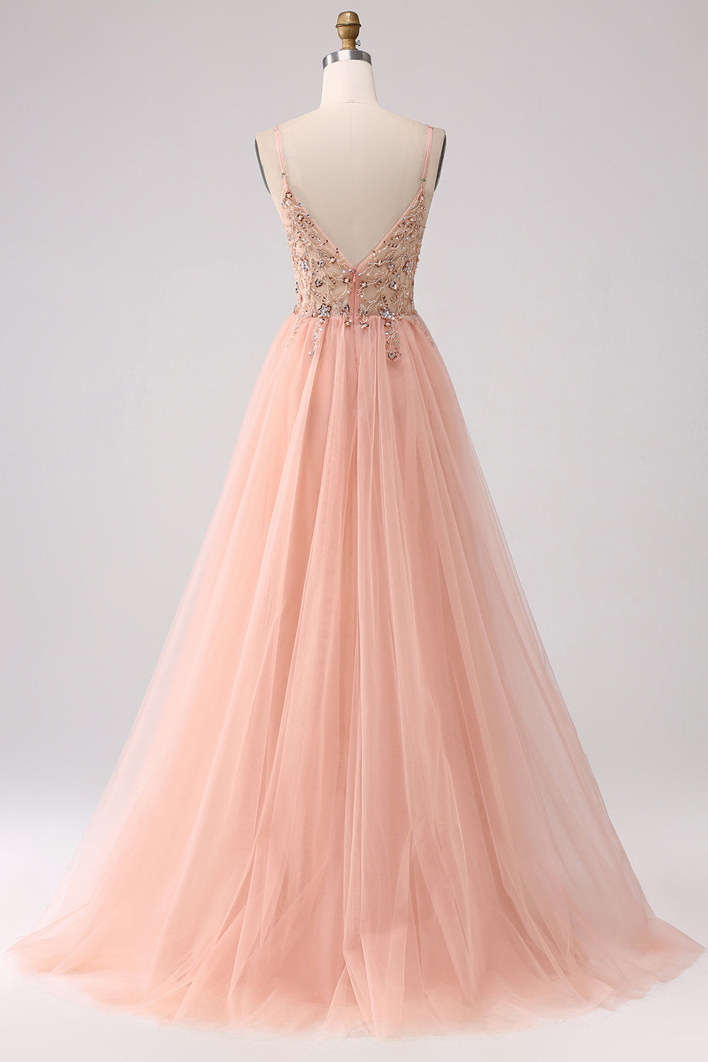 Robe de bal longue scintillante trapèze à paillettes, bretelles spaghetti et fente