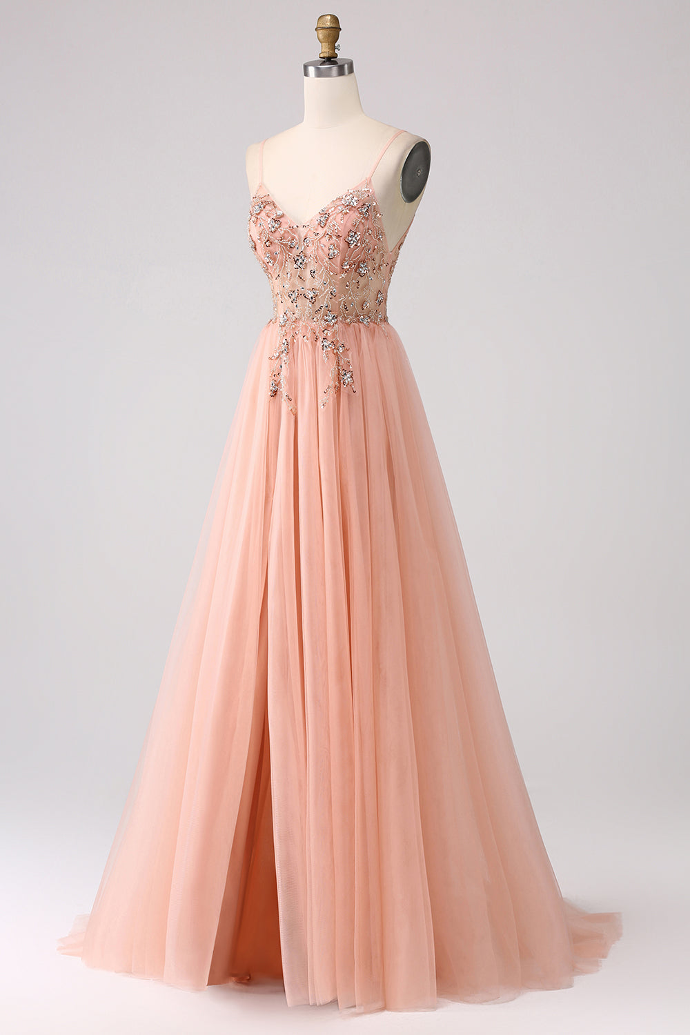 Robe de bal longue scintillante trapèze à paillettes, bretelles spaghetti et fente