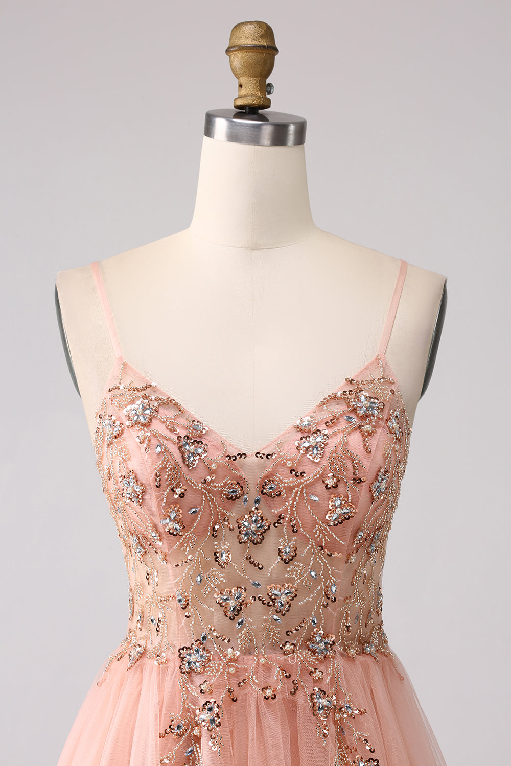 Robe de bal longue scintillante trapèze à paillettes, bretelles spaghetti et fente