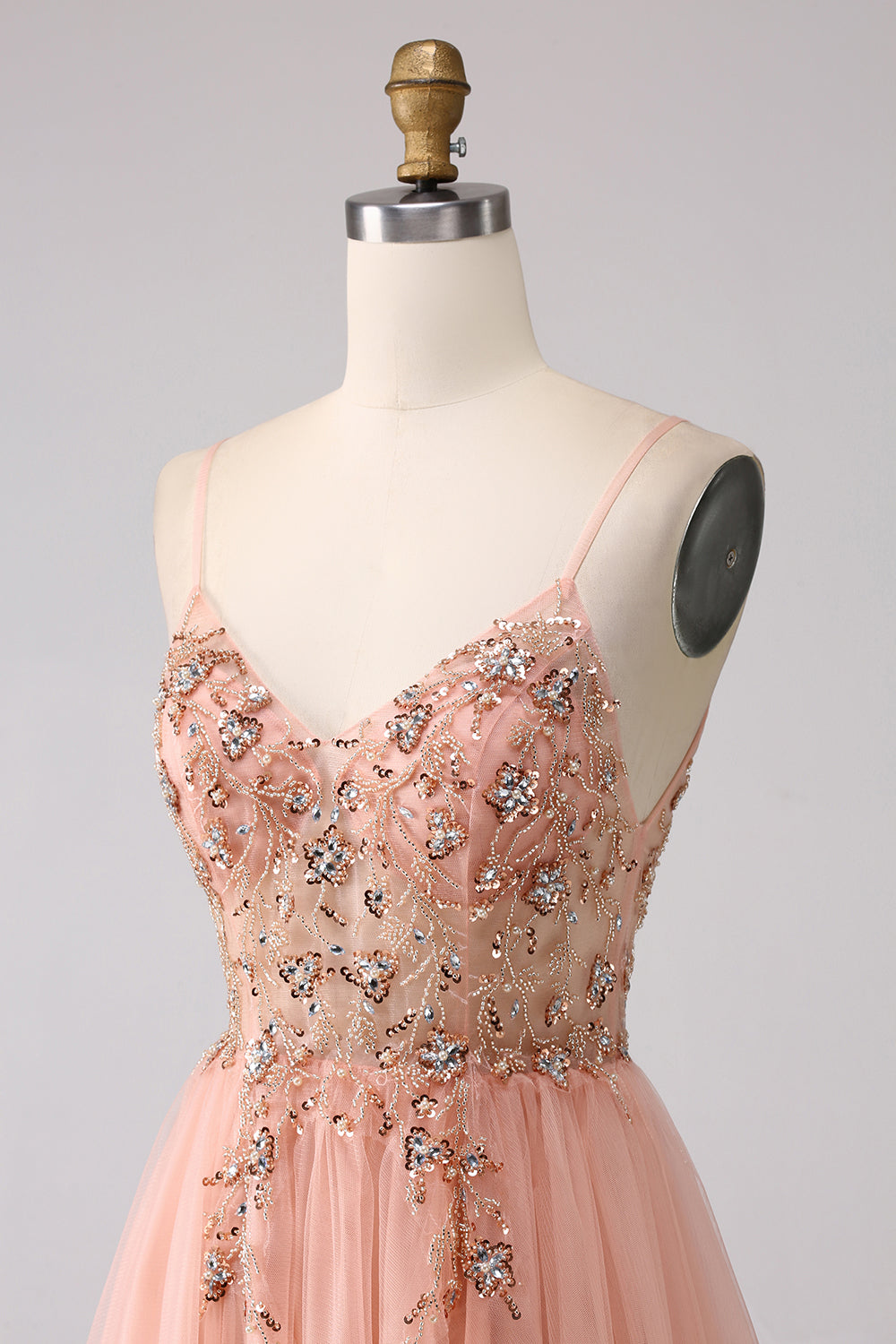 Robe de bal longue scintillante trapèze à paillettes, bretelles spaghetti et fente