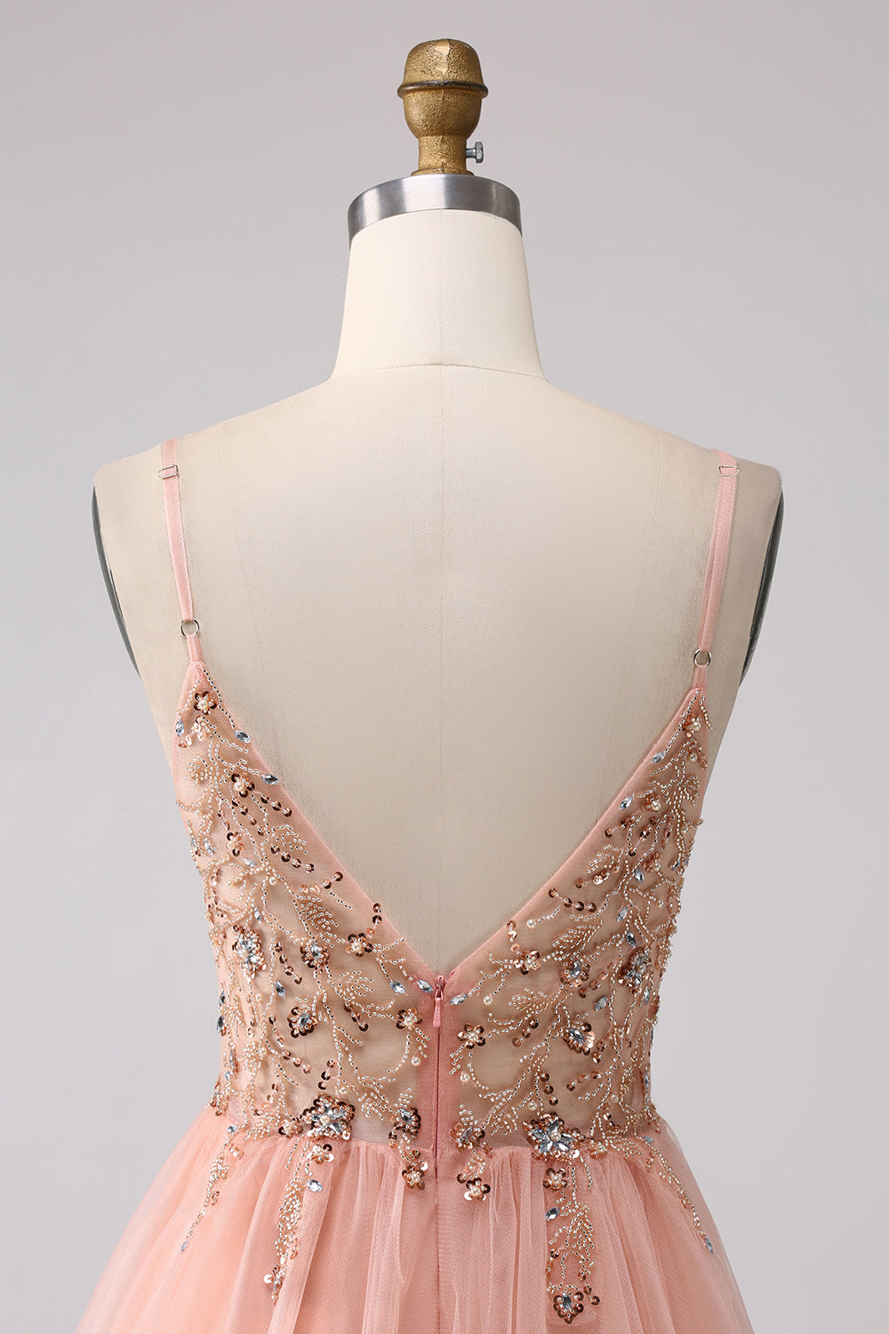 Robe de bal longue scintillante trapèze à paillettes, bretelles spaghetti et fente