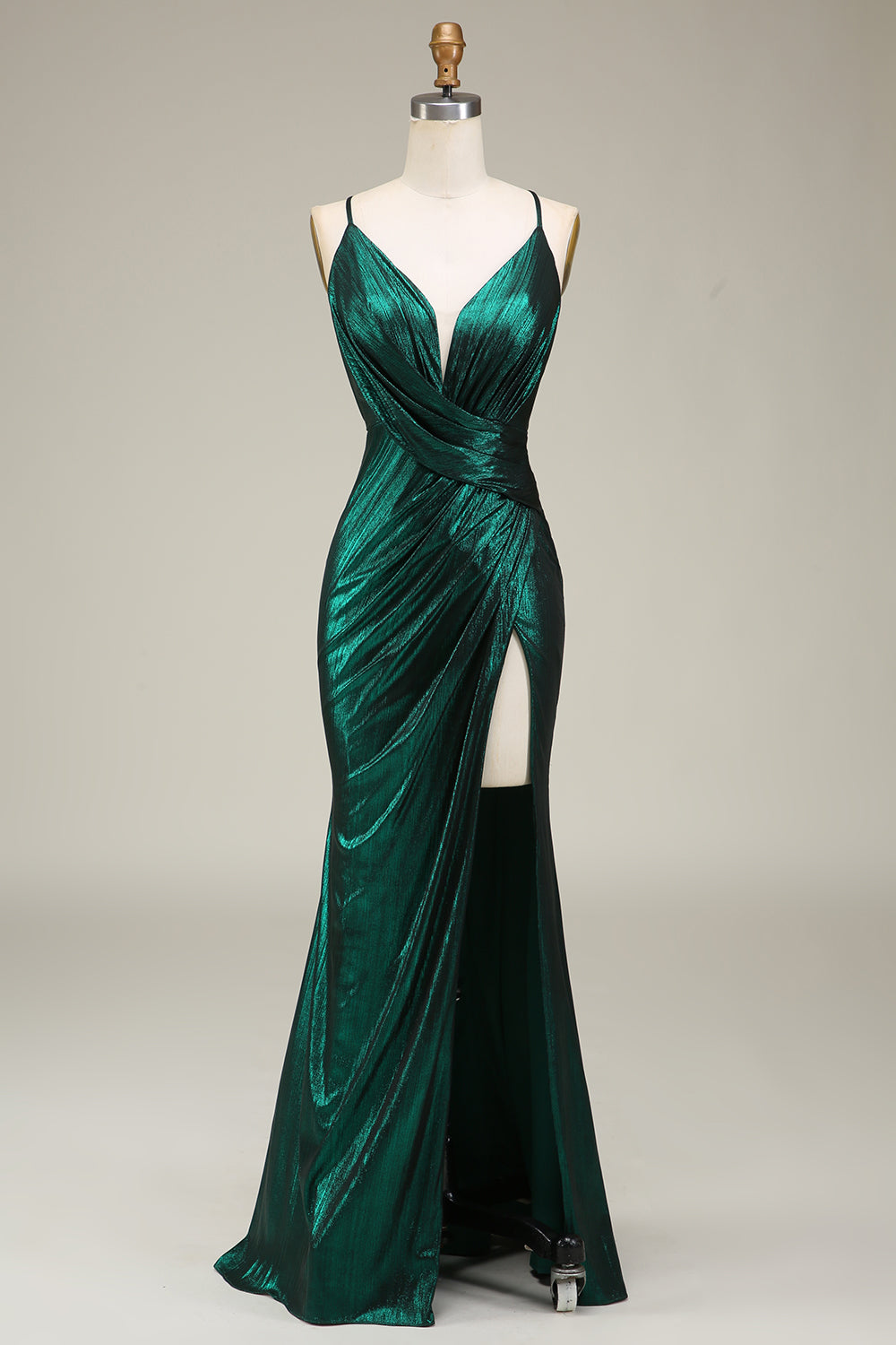 Robe de bal longue sirène à fines bretelles vert foncé avec dos nu