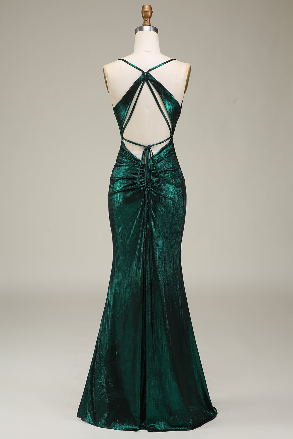 Robe de bal longue sirène à fines bretelles vert foncé avec dos nu