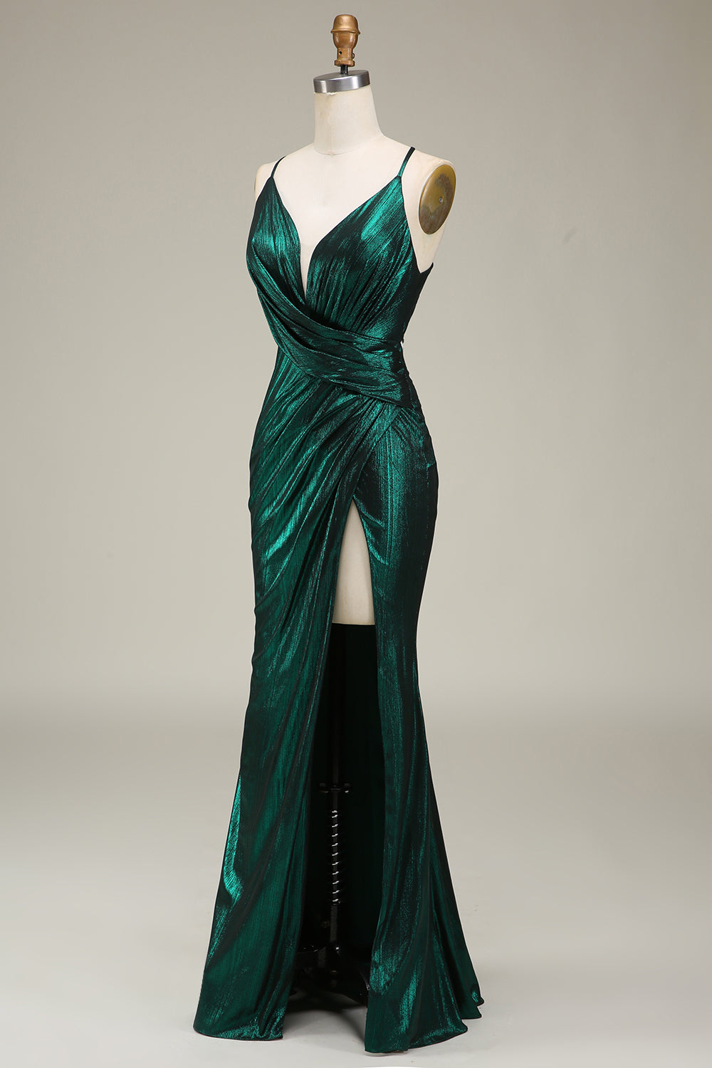 Robe de bal longue sirène à fines bretelles vert foncé avec dos nu