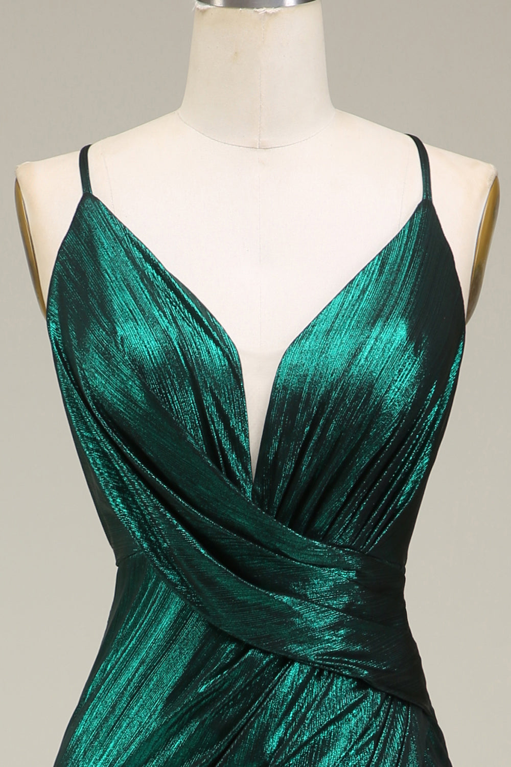 Robe de bal longue sirène à fines bretelles vert foncé avec dos nu