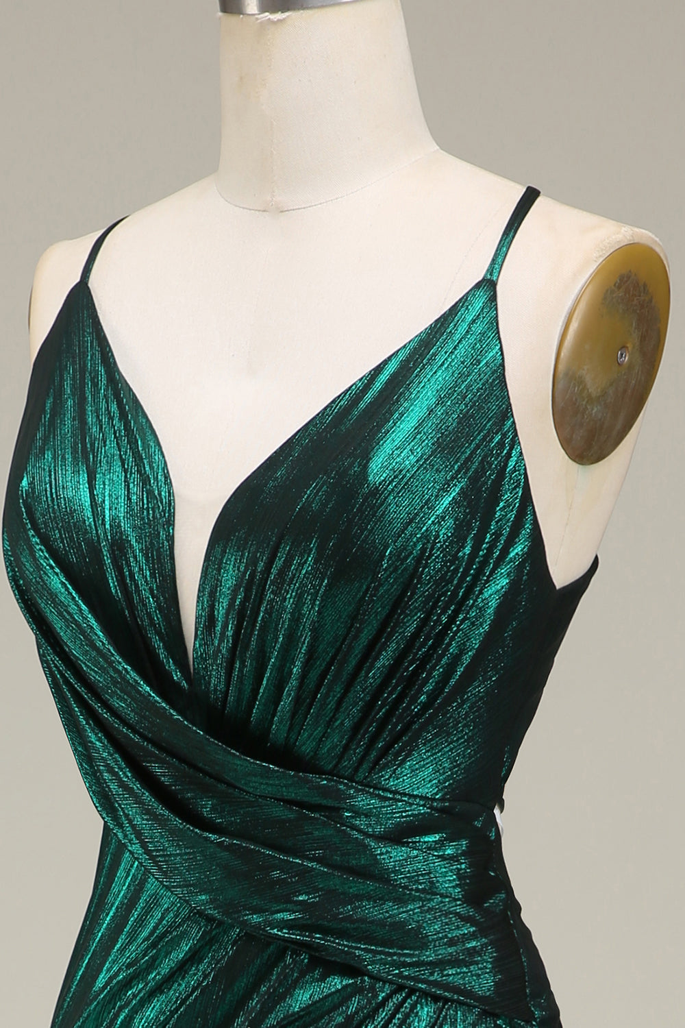 Robe de bal longue sirène à fines bretelles vert foncé avec dos nu