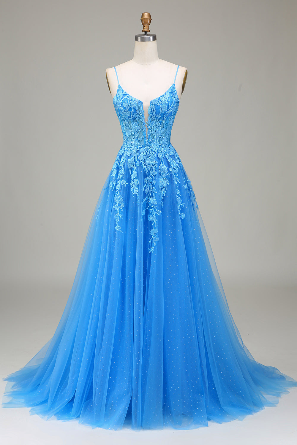 Robe de bal en tulle bleu A-line à bretelles spaghetti avec appliques