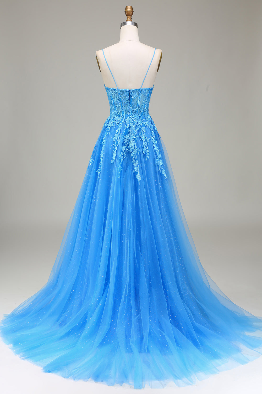 Robe de bal en tulle bleu A-line à bretelles spaghetti avec appliques