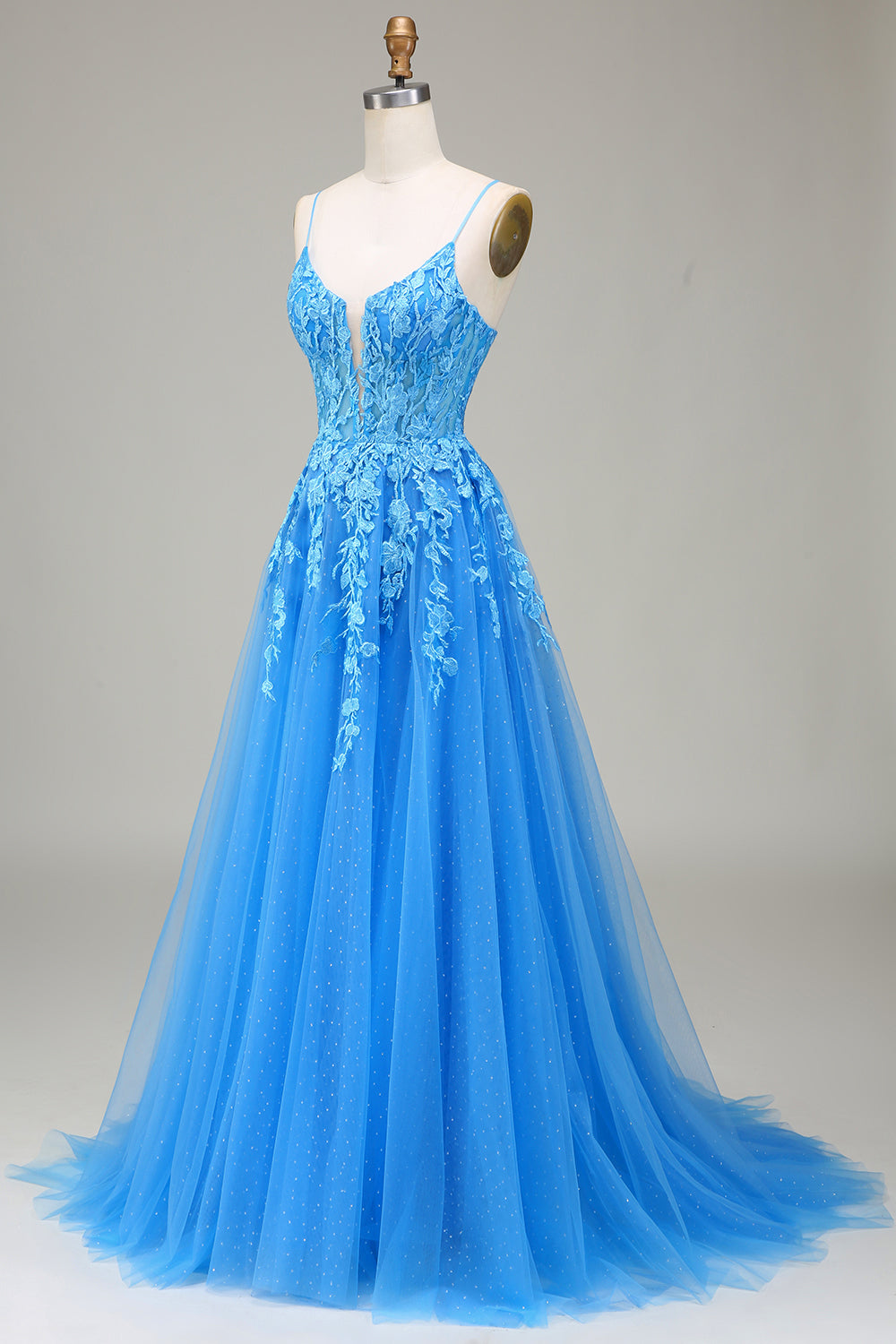 Robe de bal en tulle bleu A-line à bretelles spaghetti avec appliques