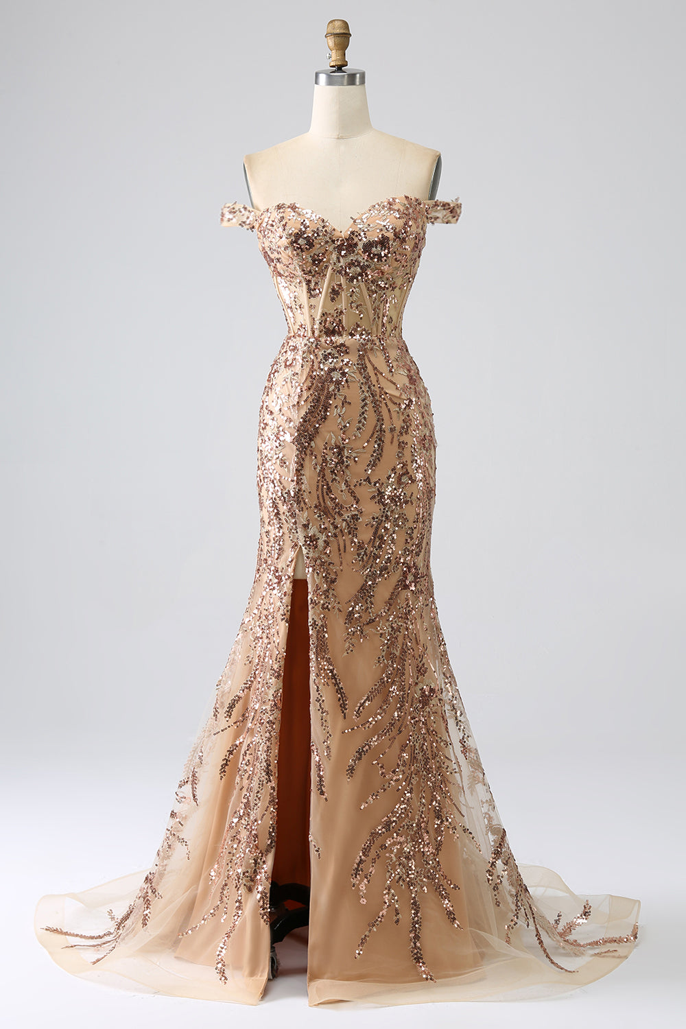 Robe de bal sirène scintillante dorée à épaules dénudées avec corset et fente