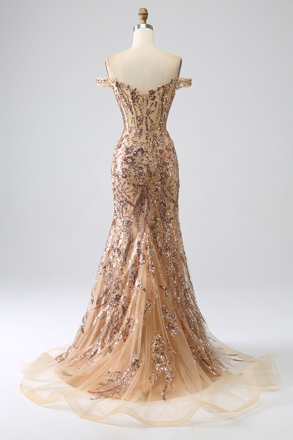 Robe de bal sirène scintillante dorée à épaules dénudées avec corset et fente