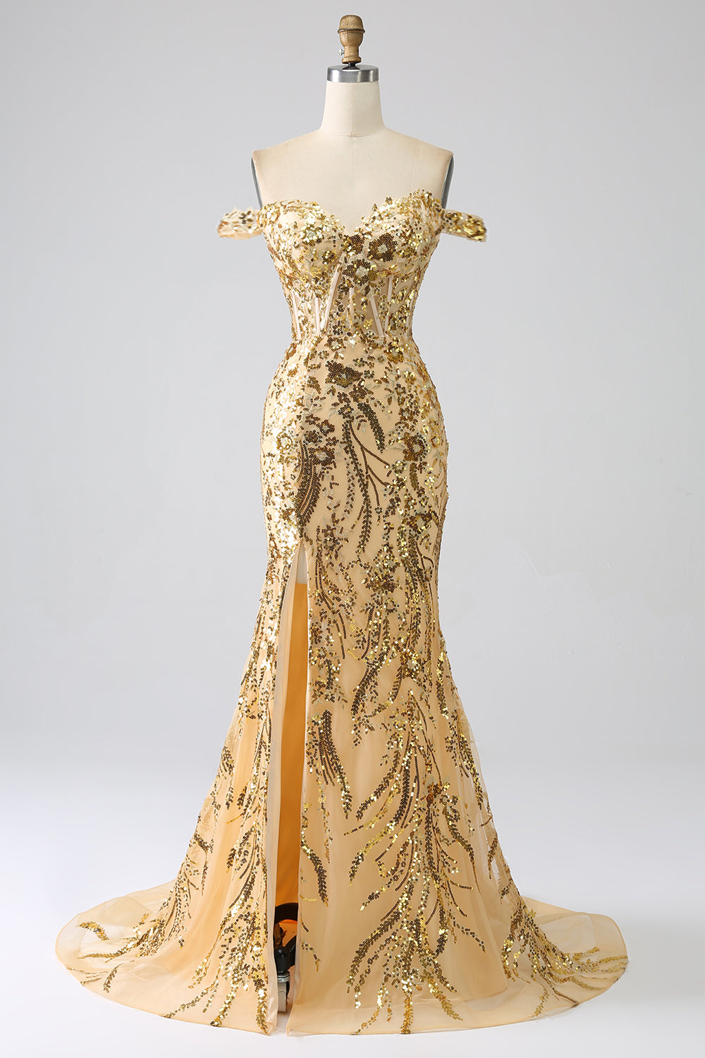 Robe de bal sirène scintillante dorée à épaules dénudées avec corset et fente