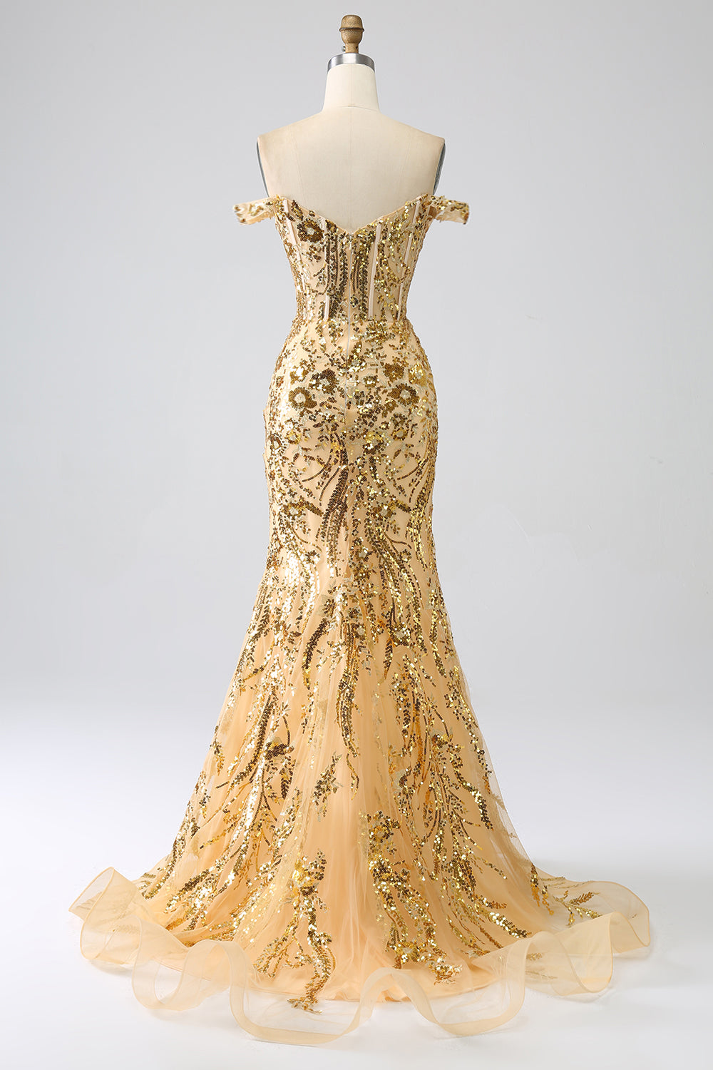 Robe de bal sirène scintillante dorée à épaules dénudées avec corset et fente