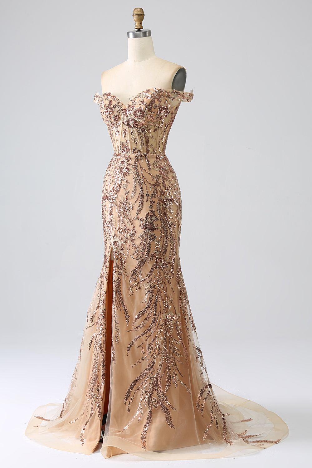 Robe de bal sirène scintillante dorée à épaules dénudées avec corset et fente